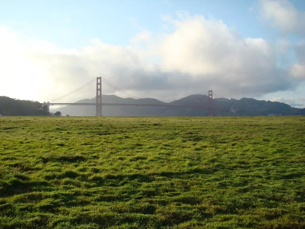 Le-Golden-Gate-bridge-enjambant-une-prairie