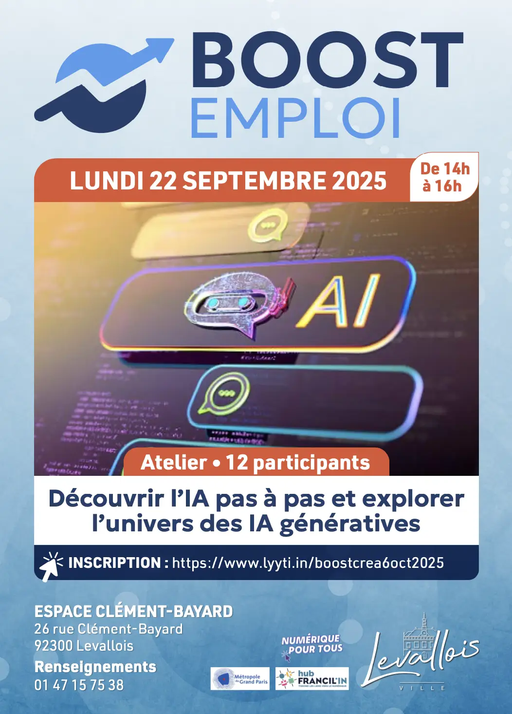 Atelier : Découvrir l'IA pas à pas et explorer l'univers des IA génératives 1 Levallois BOOST EMPLOI 22 SEPTEMBRE 1 1